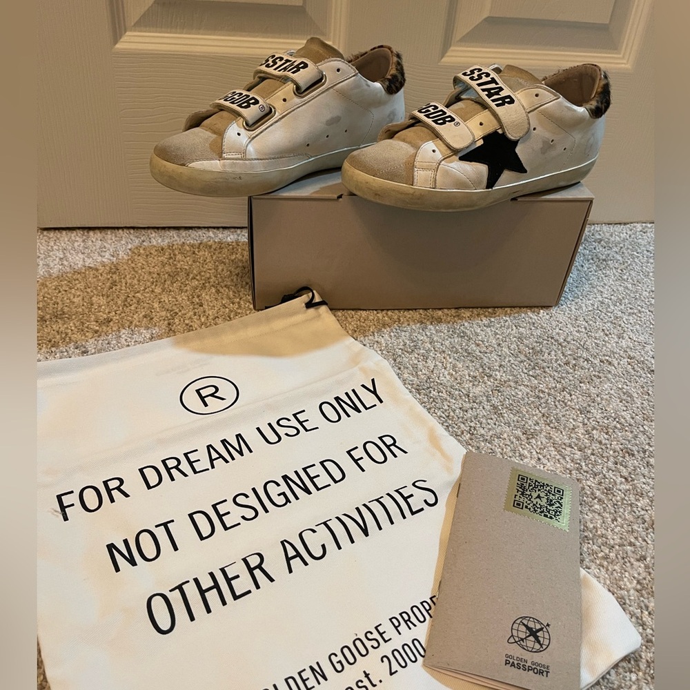 Golden Goose White and Black Sneakers with Leopard Heel Distressed Style